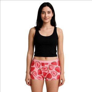 SHEIN Pink Strawberry Print Panties Mid Waist Boyshorts